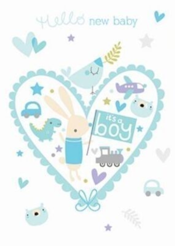 It s A Boy New Baby Card by Cherry On Top for the Art Group. 'Hello New Baby - It’s a boy' on the Front. And 'Congratulations' on the inside. Embossed Detailing with Bunny Brid and Butterfly in a Heart. Comes with a Blue Envelope. Size 7X5